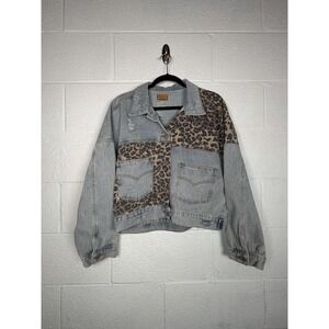 POL Leopard Patchwork Denim Jacket Cropped Distressed Boho Festival